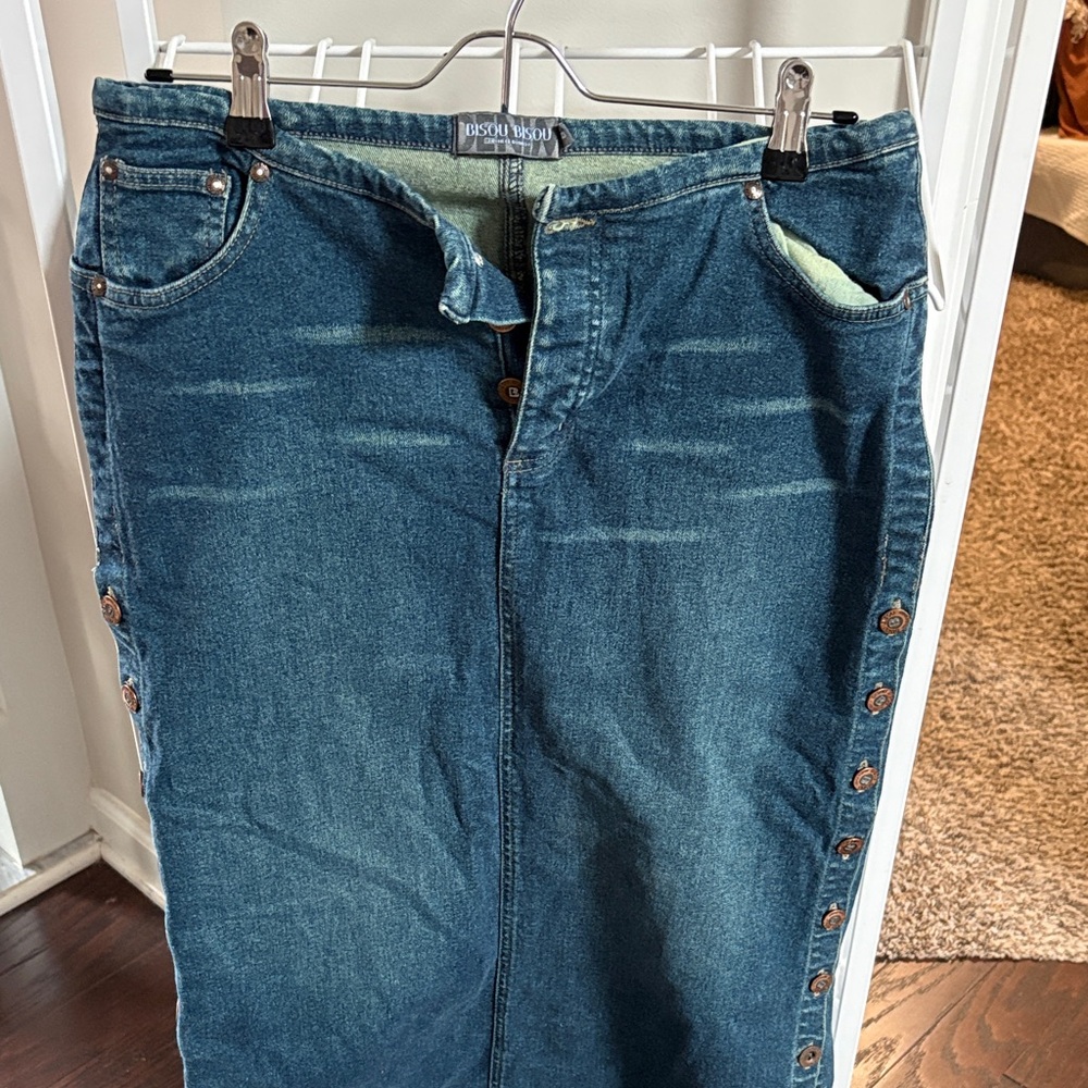 Bisou Blue Denim Fray Skirt with Button Accents